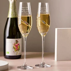 Engraved Pink & Blue Swarovski Crystal Champagne Flute Pair