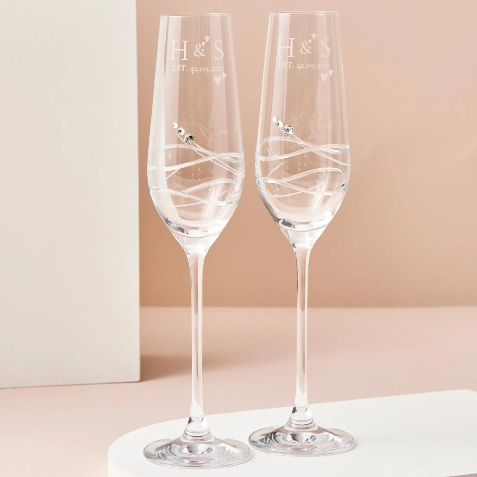 Engraved Set Of Two Champagne Flutes embellished with Crystals - Initial Love Hearts