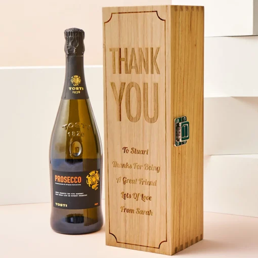 Engraved Wooden Box With Luxury Prosecco - Thank You