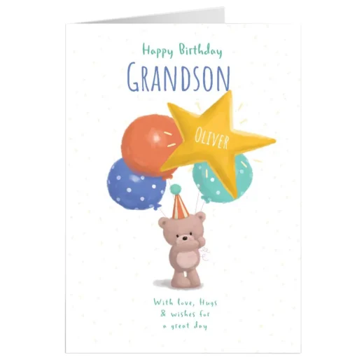 Hugs Bear Personalised Birthday Card - Grandson, Wishes For A Great Day