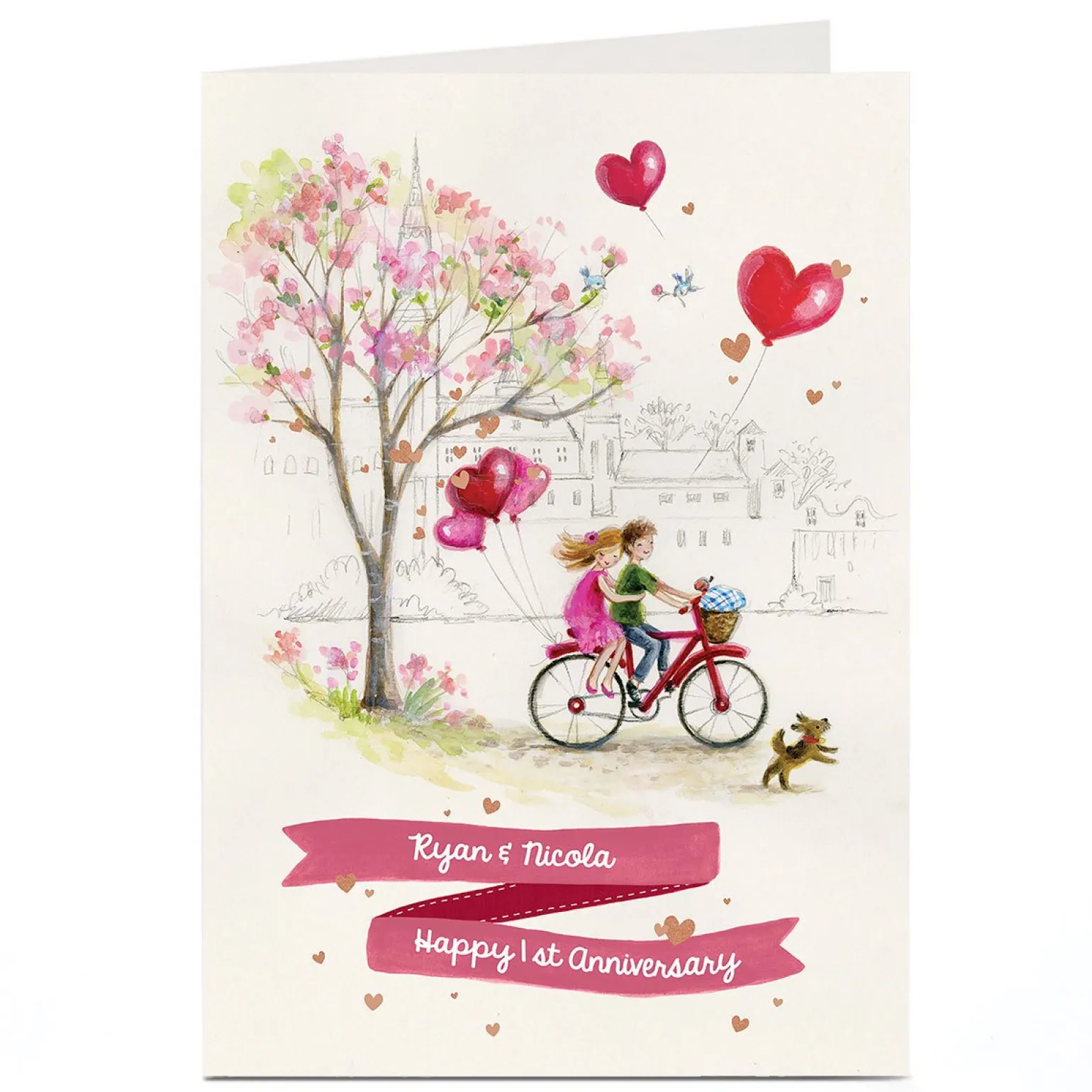 Personalised Any Message Card - Bicycle & Love Heart Balloons