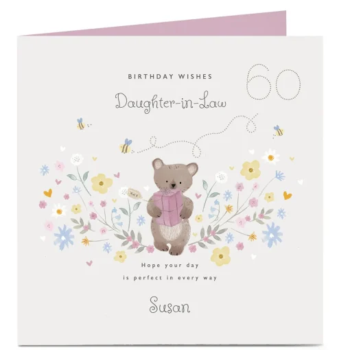 Personalised Birthday Card - Daughter-in-Law Bear & Present, Editable Age