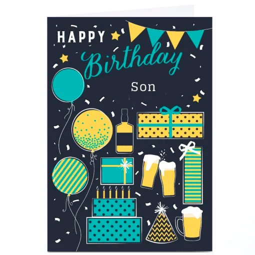 Personalised Birthday Card - Booze, Presents & Balloons, Son