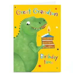 Personalised Birthday Card - T-Rex Dinosaur with Cake, Great Grandson