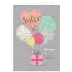 Personalised Birthday Card - Sparkle Confetti Balloons and Present, Sister