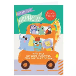 Personalised Birthday Card - Wild Animals Car Ride, Nephew