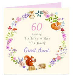 Personalised Birthday Card - Great Aunt Woodland Wreath, Editable Age