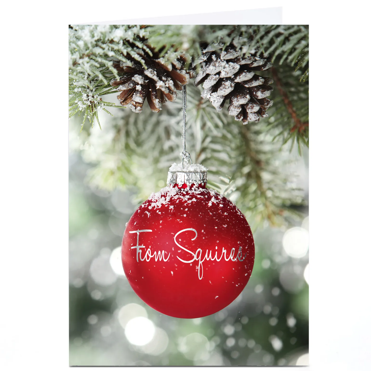 Personalised Business Christmas Card - Red Snowy Bauble