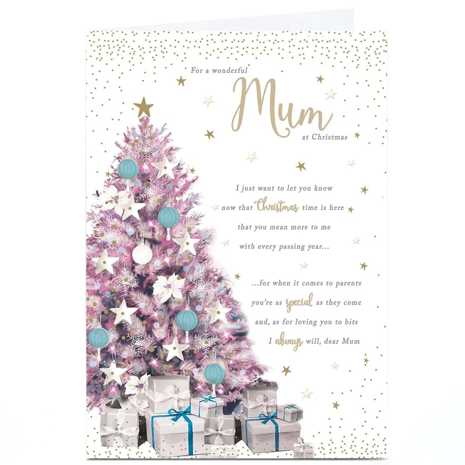 Personalised Christmas Card - Pink Christmas Tree with Presents, Mum