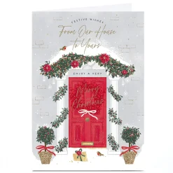 Personalised Christmas Card - Red Door with Wreaths, From Our House to Yours