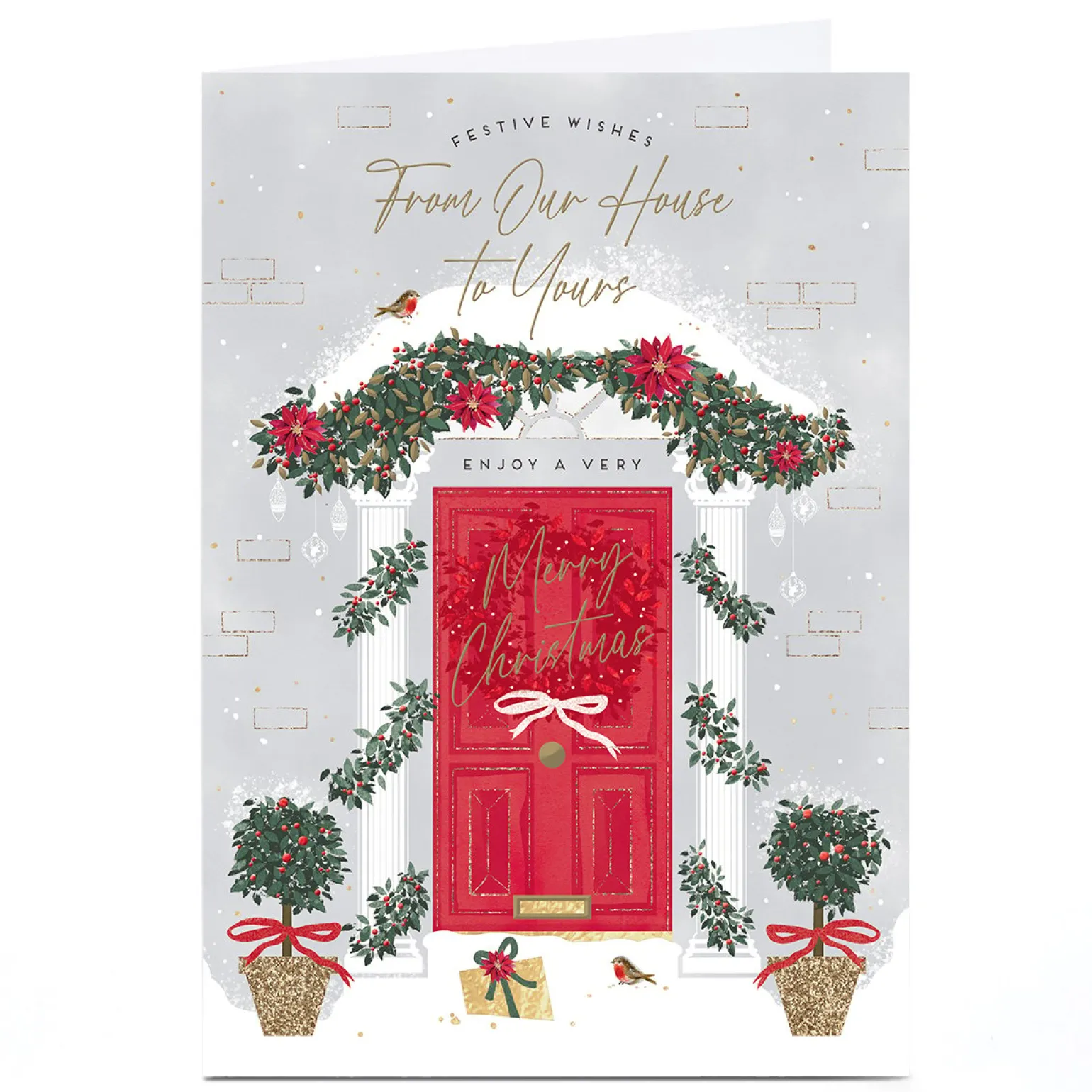 Personalised Christmas Card - Red Door with Wreaths, From Our House to Yours