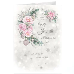 Personalised Christmas Card - Wonderful Wife, Grey, Pink Flowers