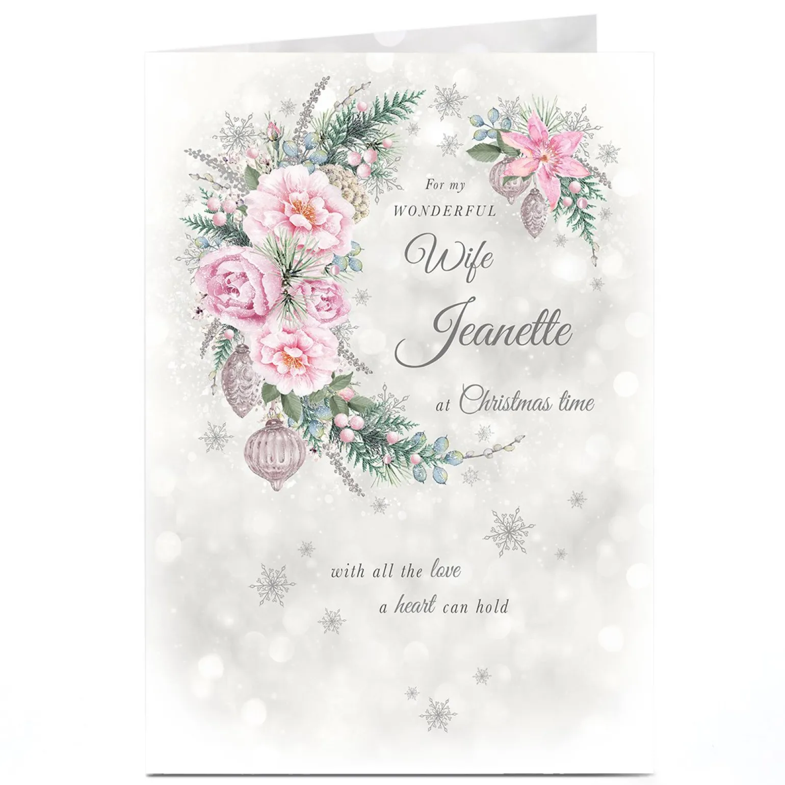 Personalised Christmas Card - Wonderful Wife, Grey, Pink Flowers