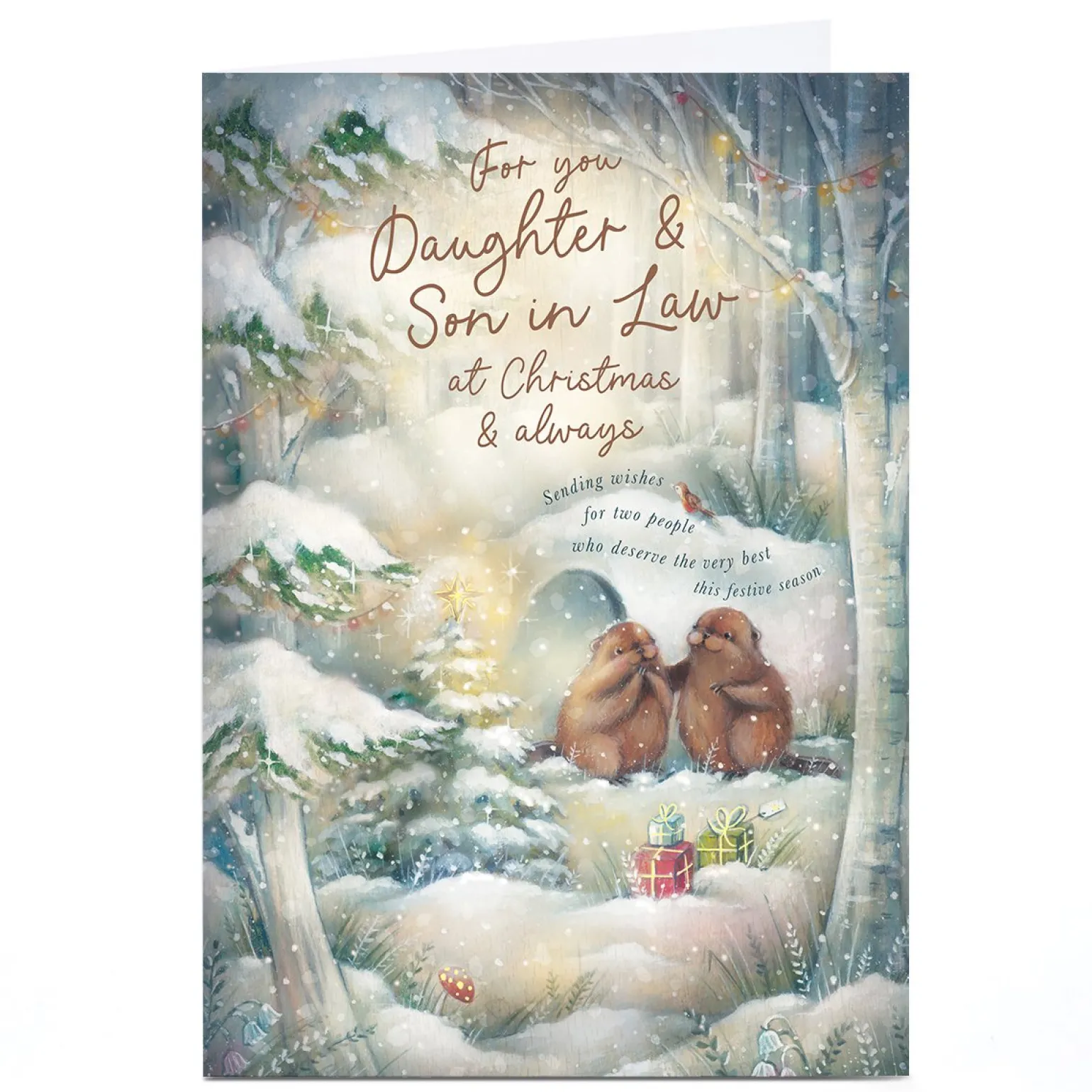 Personalised Christmas Card - Cute Beavers in Woods, Daughter & Son-in-Law
