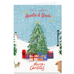 Personalised Christmas Card - Snowy Christmas Tree, Auntie and Uncle