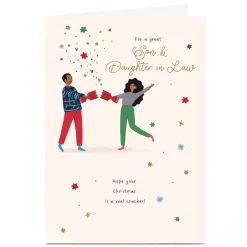 Personalised Christmas Card - Couple Pulling Cracker, Son & Daughter in Law