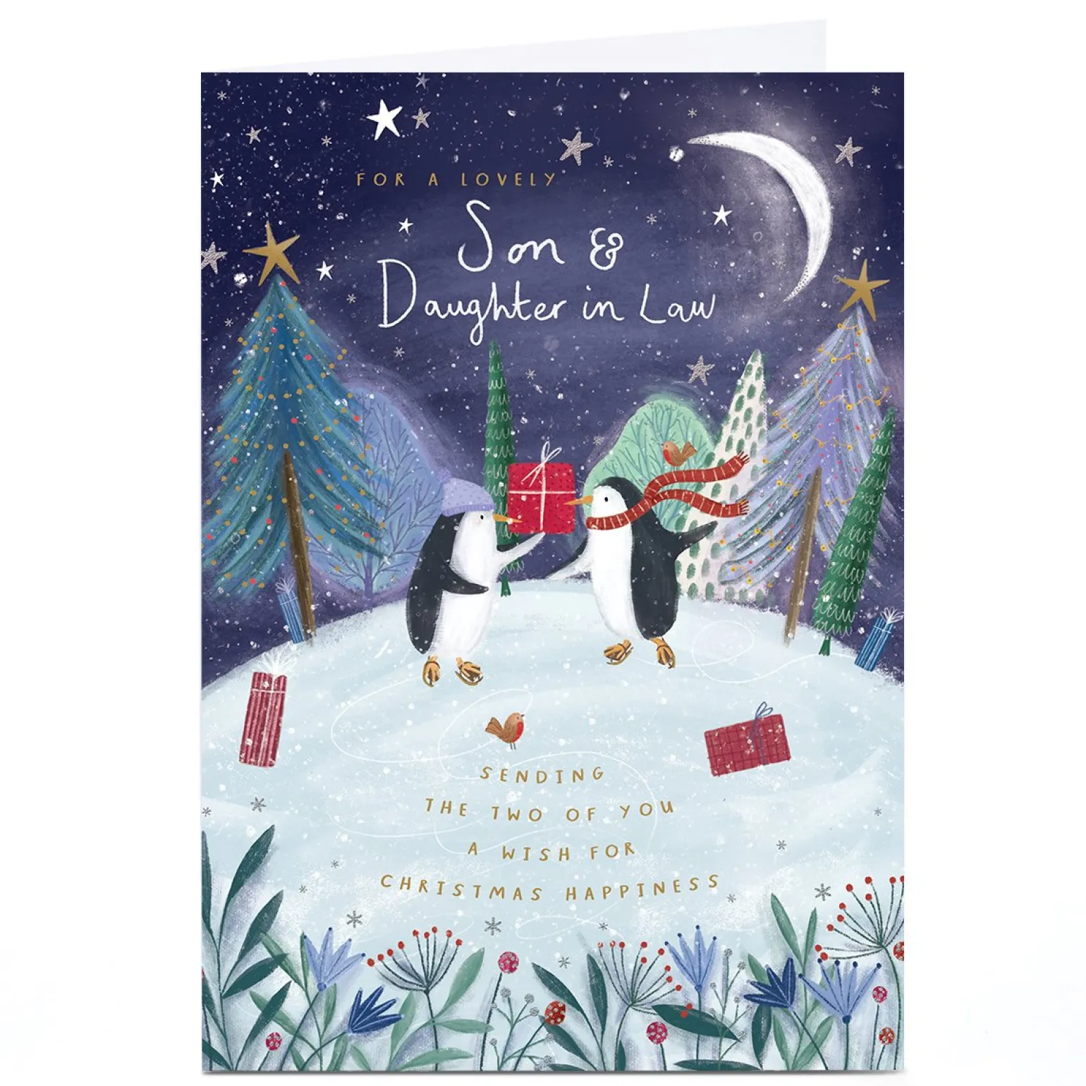 Personalised Christmas Card - Penguin Couple Snowy Woods, Son & Daughter in Law