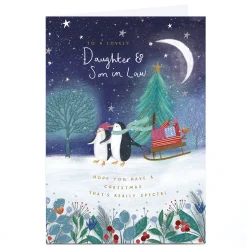 Personalised Christmas Card - Penguins With Sledge of Presents, Daughter & Son-in-Law