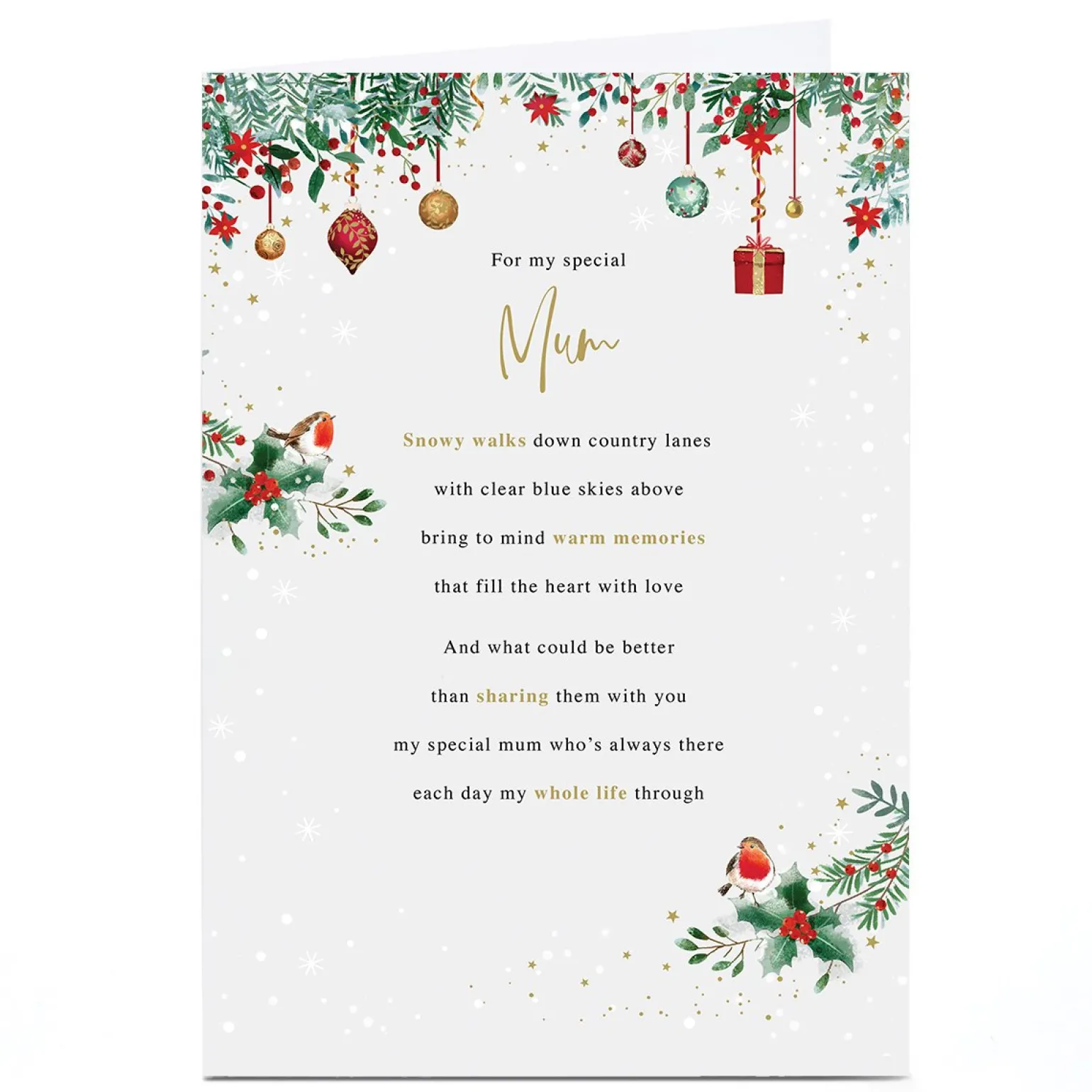 Personalised Christmas Card - Robins and Baubles, Mum