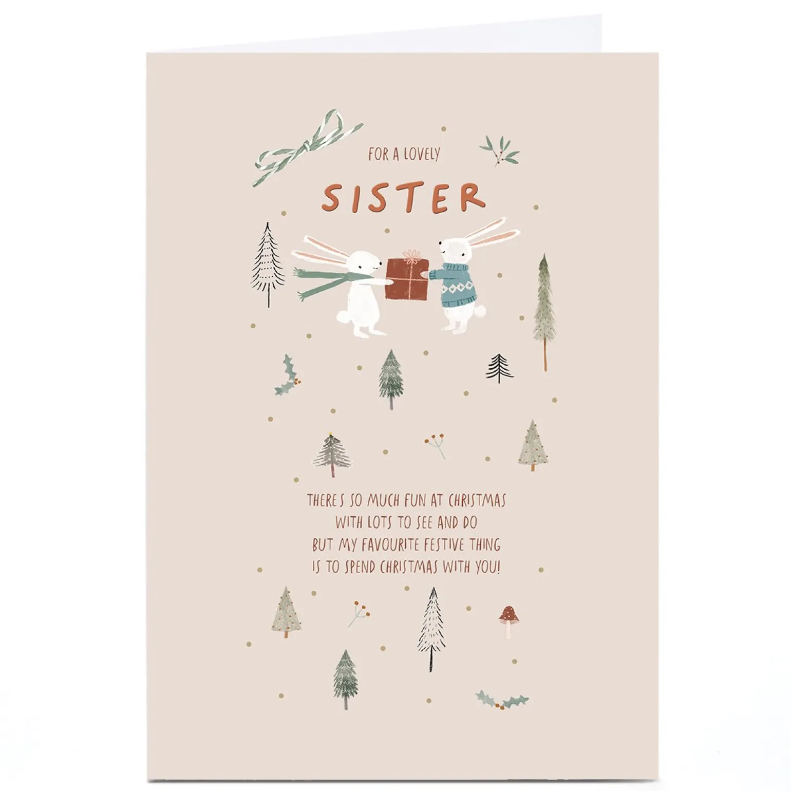 Personalised Christmas Card - White Rabbits with Present, Sister
