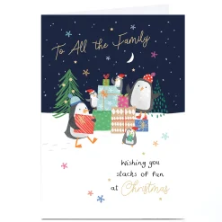 Personalised Christmas Card - Penguins with Presents, To All the Family