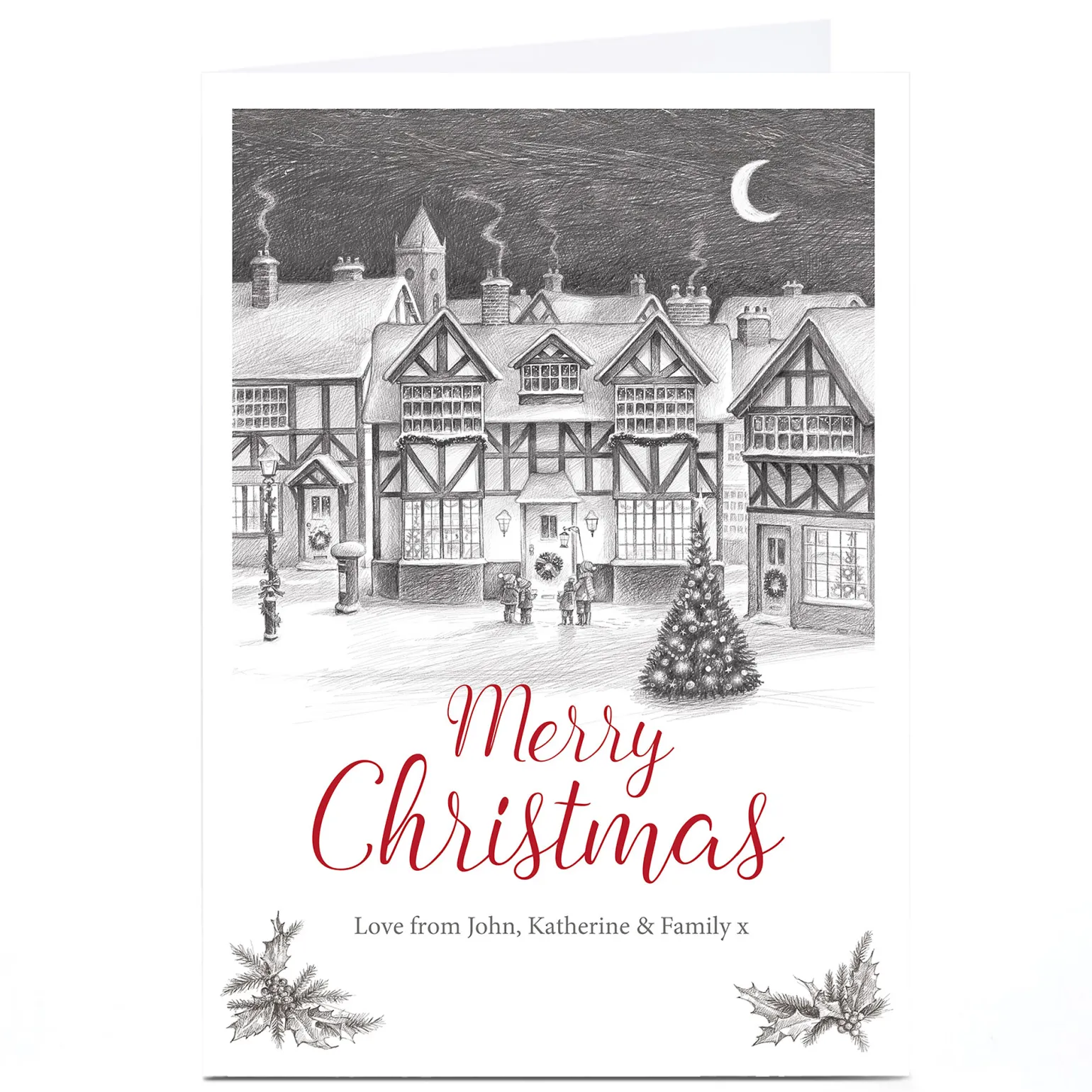 Personalised Christmas Card - Winter Village Sketch