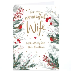 Personalised Christmas Card - Robins on Branches, Wife