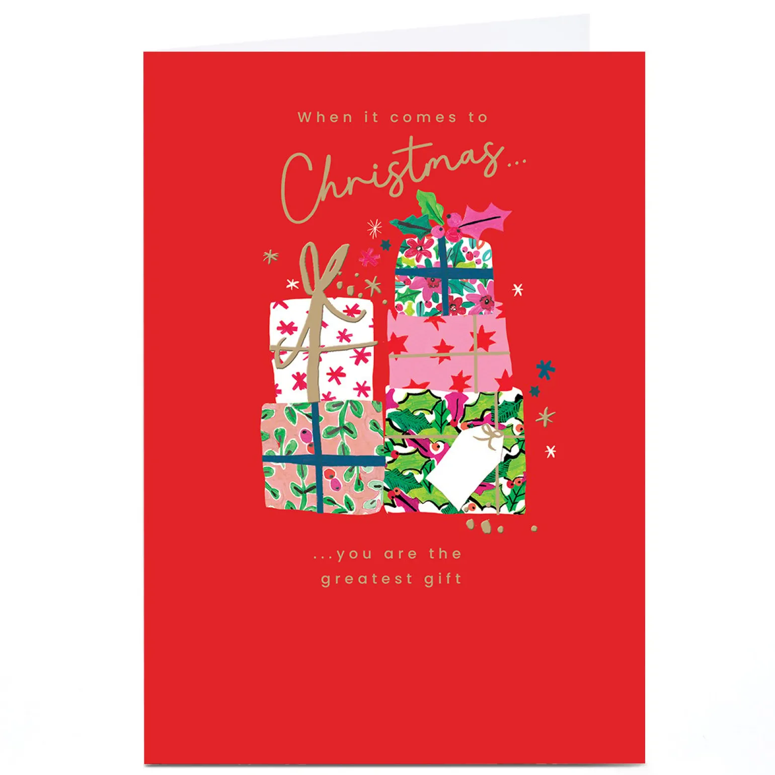 Personalised Christmas Card - Red with Pile of Presents