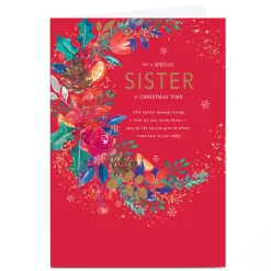 Personalised Christmas Card - Red with Crescent of Flowers, Sister