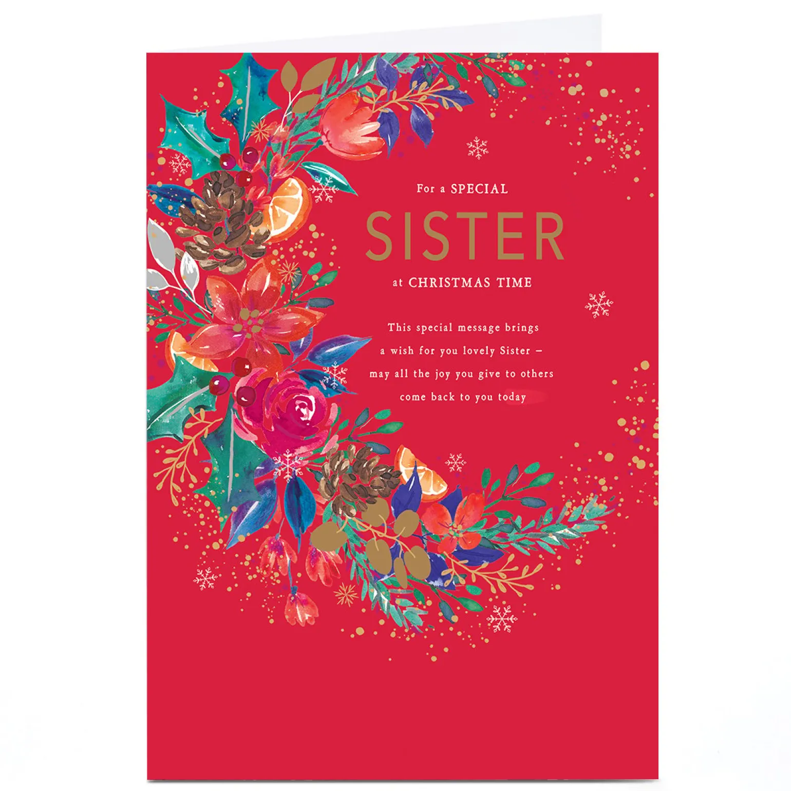 Personalised Christmas Card - Red with Crescent of Flowers, Sister