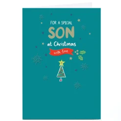 Personalised Christmas Card - Teal Green Little Tree and Snowflakes, Son