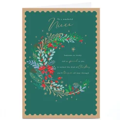Personalised Christmas Card - Green with Circle of Flowers, Niece