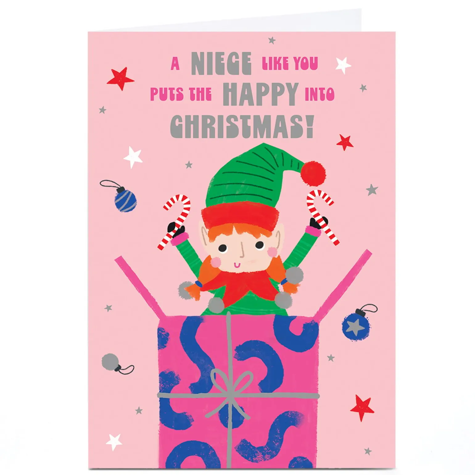 Personalised Christmas Card - Elf Jumping Out of Present, Niece