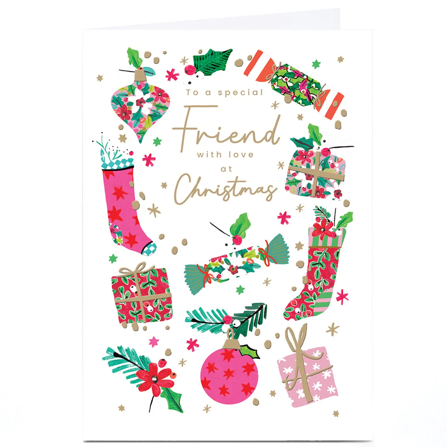 Personalised Christmas Card - Stockings Baubles and Presents, Friend