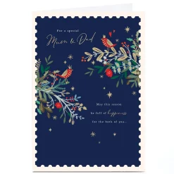 Personalised Christmas Card - Navy Blue Birds on Branches, Mum & Dad