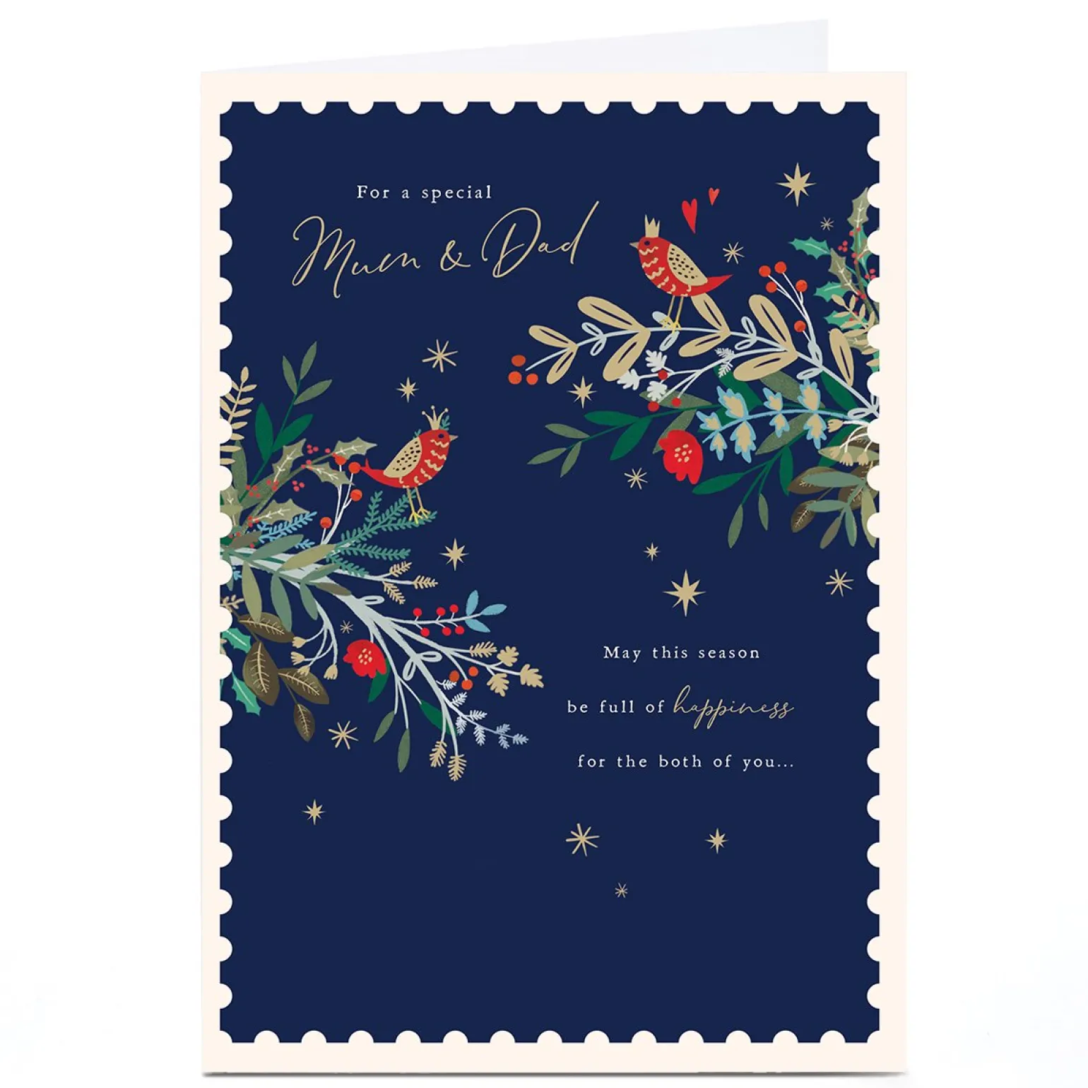 Personalised Christmas Card - Navy Blue Birds on Branches, Mum & Dad