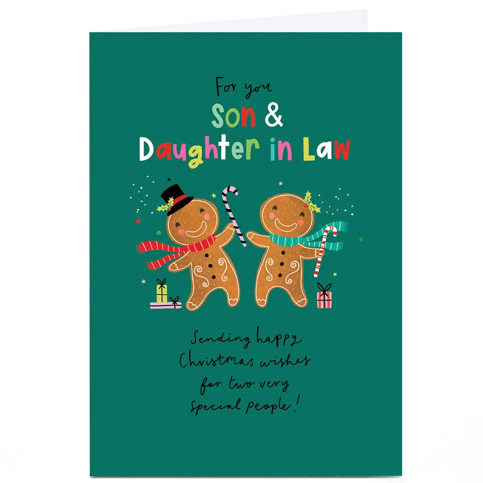 Personalised Christmas Card - Gingerbread People with Candy Canes, Son & Daughter in Law