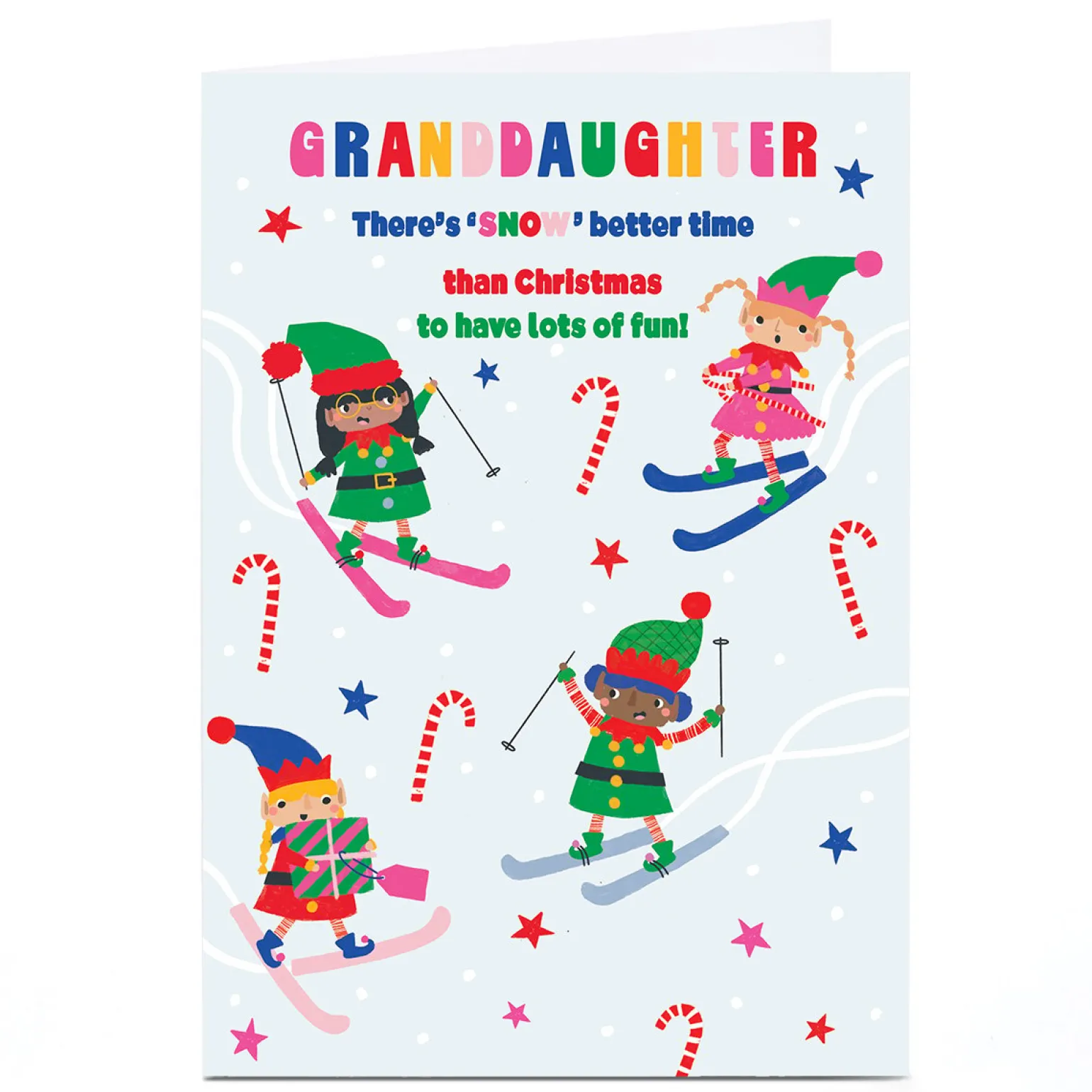 Personalised Christmas Card - Elves Skiing, Granddaughter