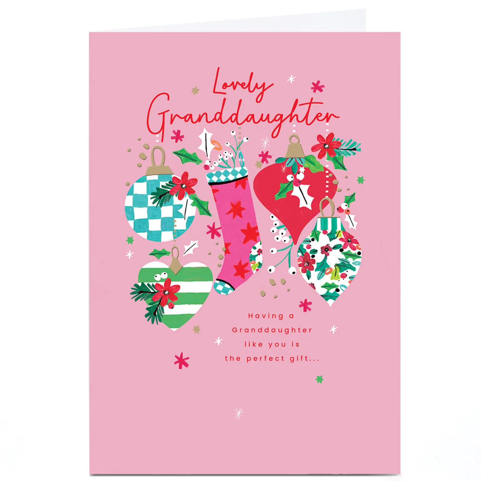 Personalised Christmas Card - Stocking and Baubles, Granddaughter