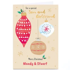 Personalised Cory Reid Christmas Card - Hanging Baubles, Son and Girlfriend