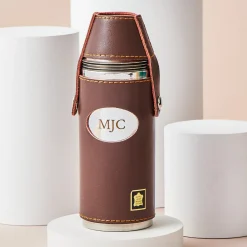 Personalised Engraved Brown Leather Hunter Flask with Cups