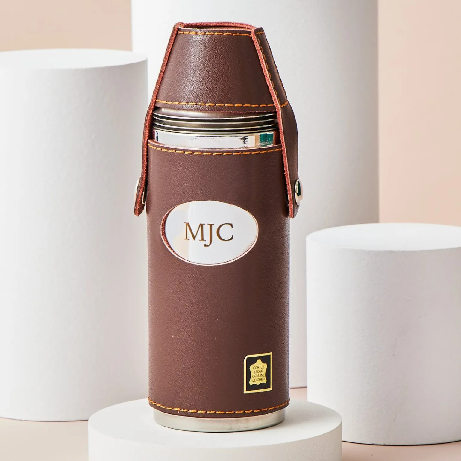 Personalised Engraved Brown Leather Hunter Flask with Cups