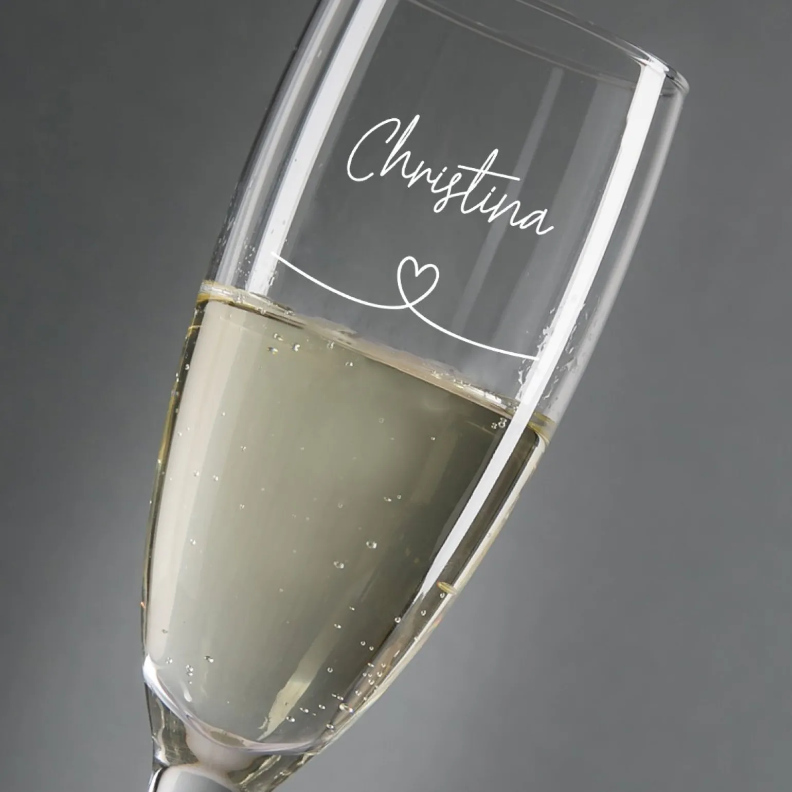 Personalised Engraved Champagne Flute - Heart & Name Love Story