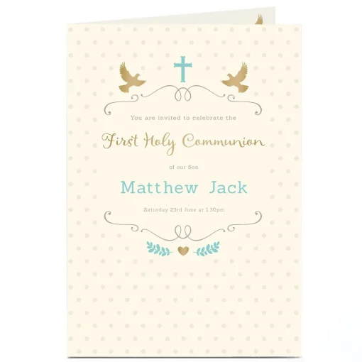 Personalised Holy Communion Invitation - Cream & Blue