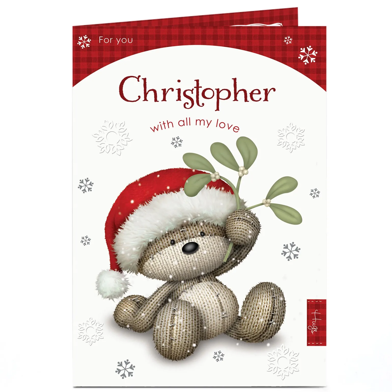 Personalised Hugs Bear Christmas Card - Mistletoe
