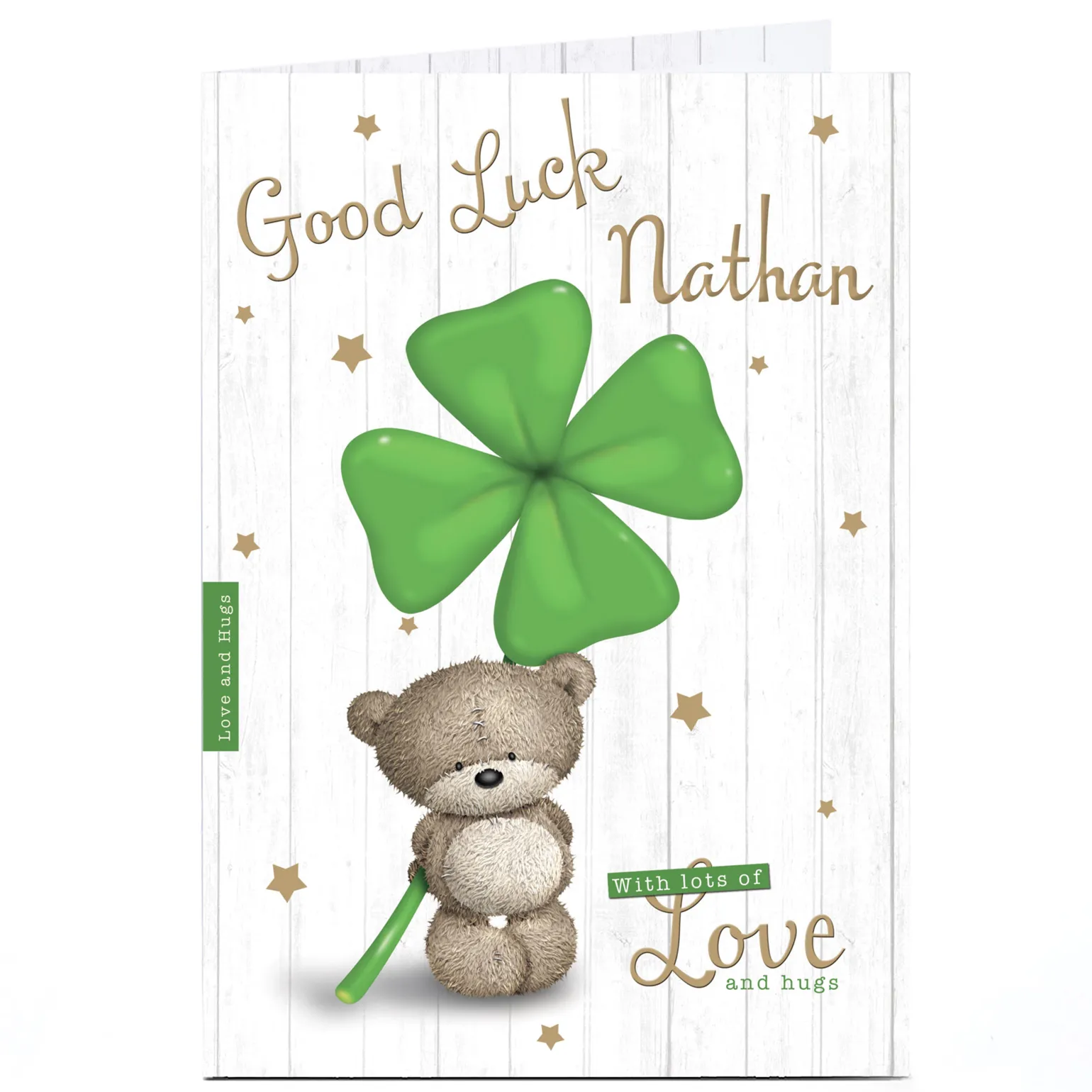 Personalised Hugs Bear Good Luck Card - Four-Leaf Clover
