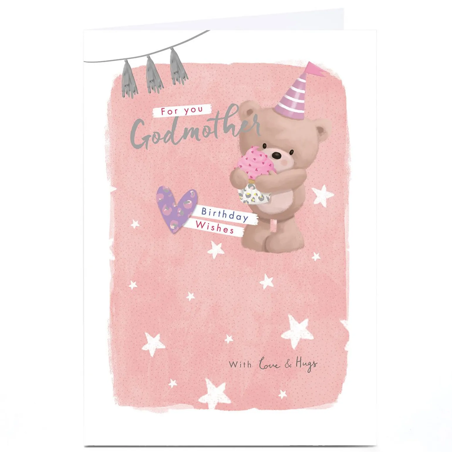 Personalised Hugs Birthday Card - Pink Pastels Bear with Cupcake, Godmother