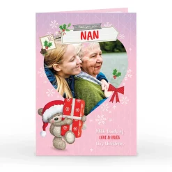 Personalised Hugs Christmas Photo Card - Pink Snowflakes Bear