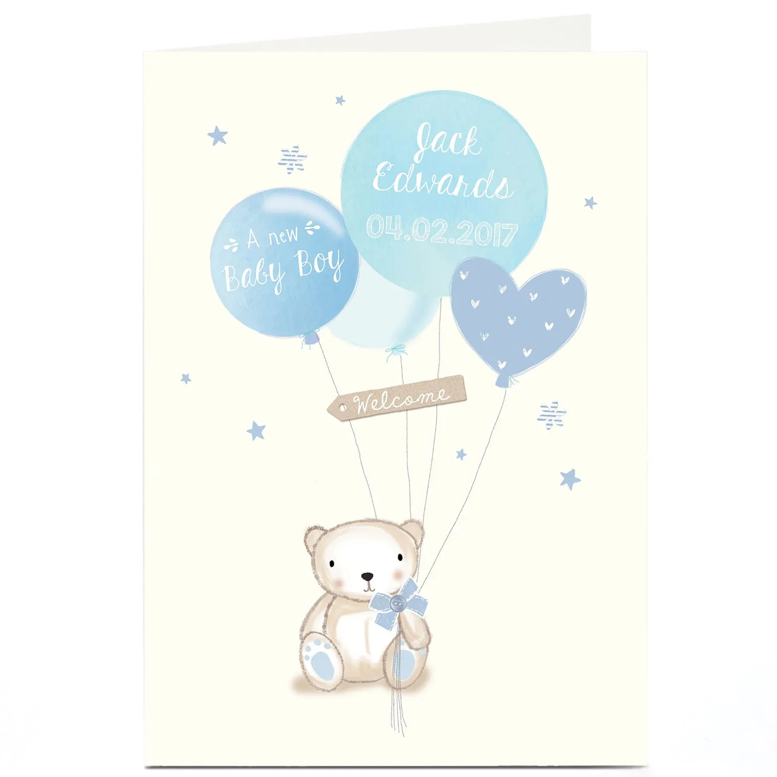 Personalised New Baby Card - Baby Boy Bear & Balloons