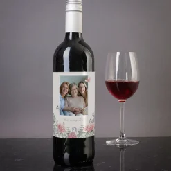 Personalised Photo Upload Wine - Traditional Script and Flowers